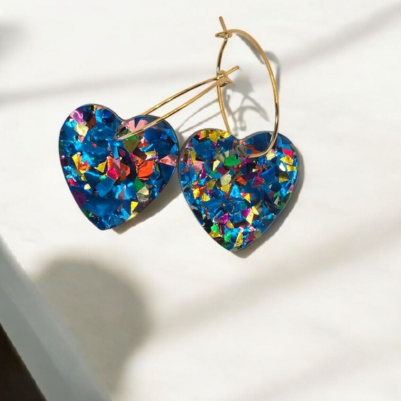 Multi Color Foil Glitter Heart Hoop Earrings - Picture 1 of 4